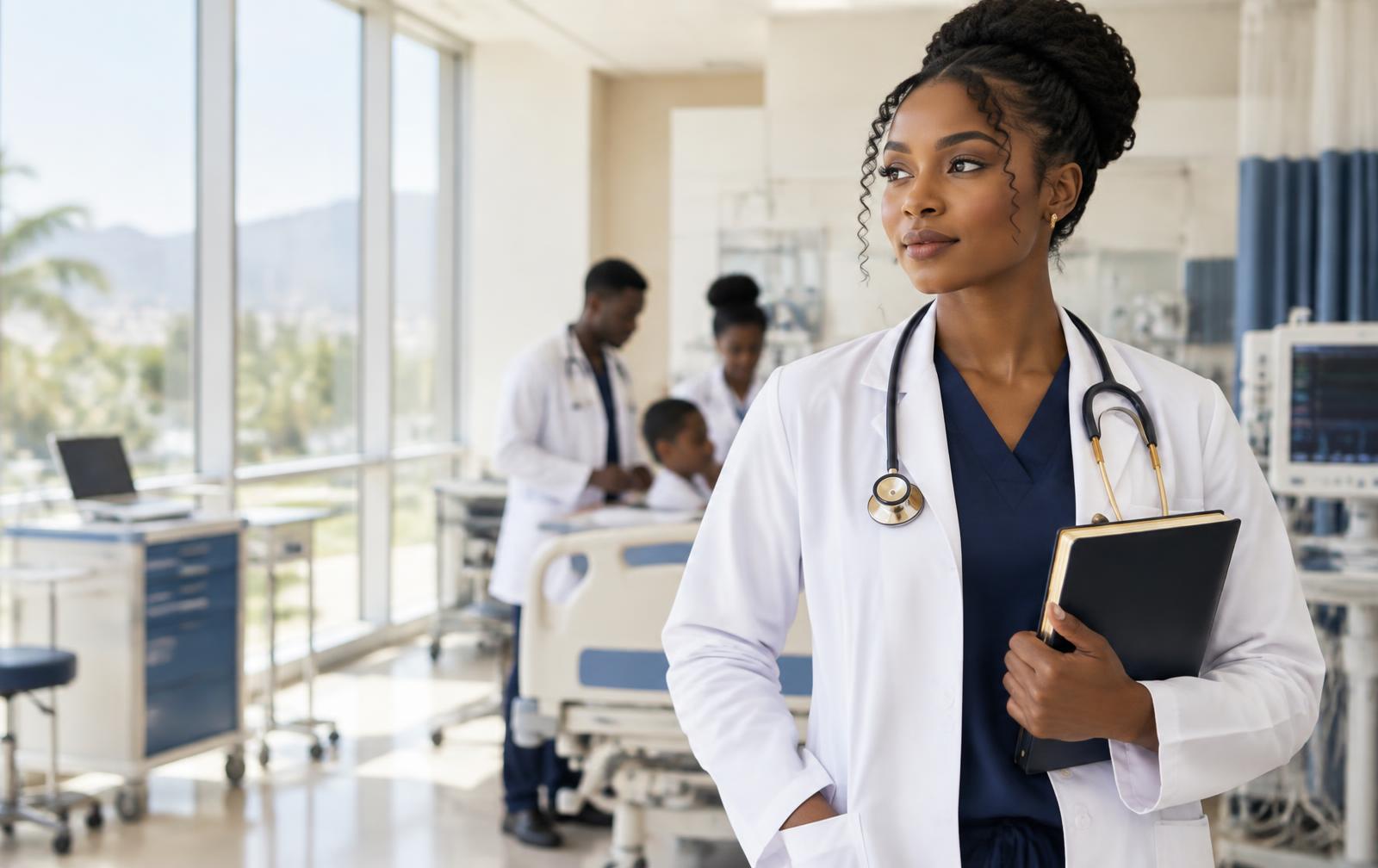 Young Haitian physician in a modern teaching hospital