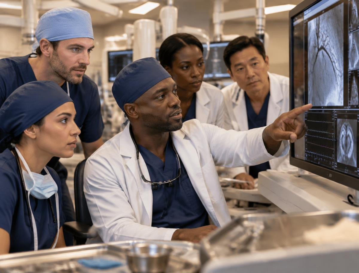 International medical team reviewing cardiovascular imaging